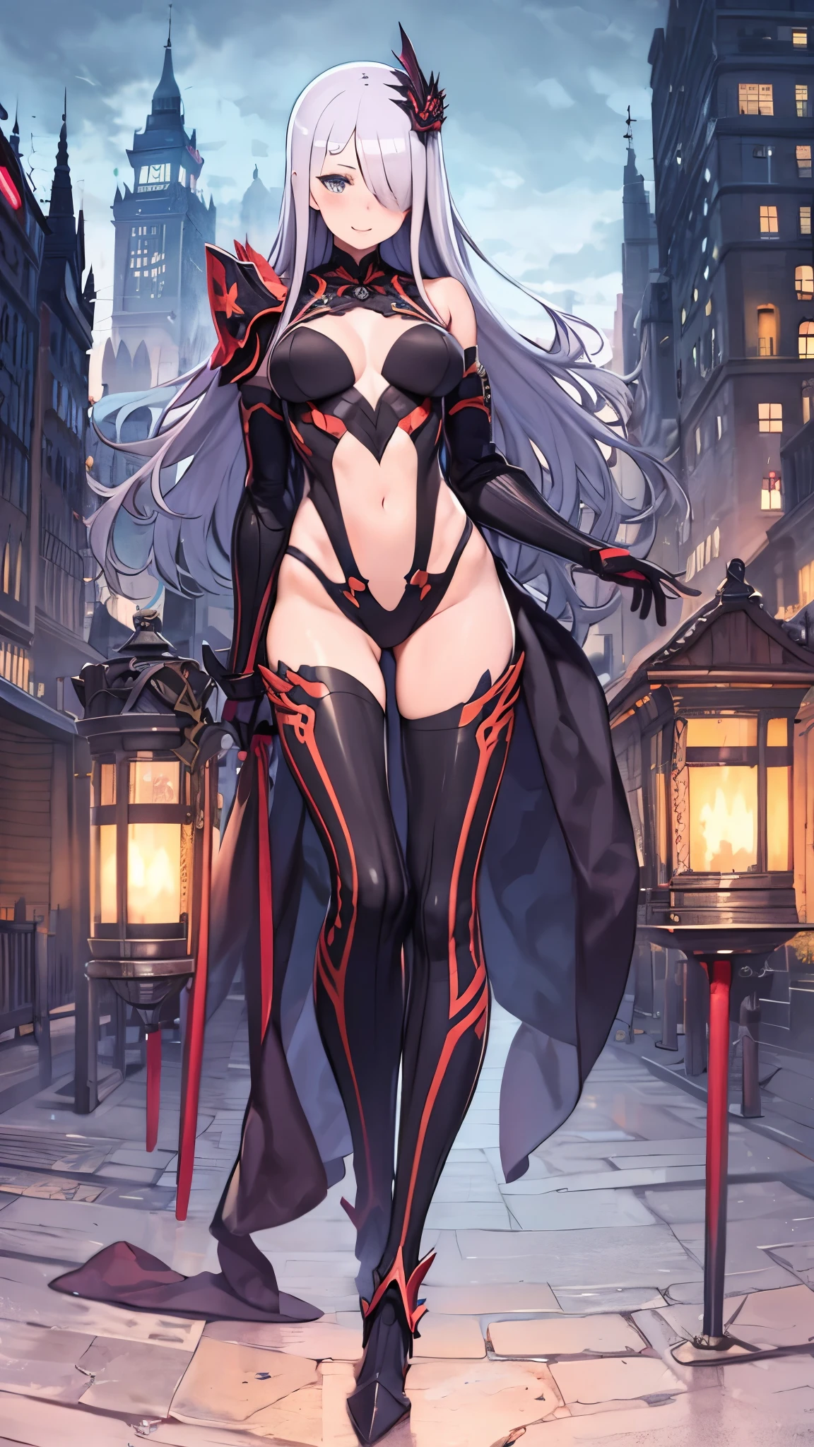 fantasy, 1girl,young_teen, ,silver_hair, long_hair, long_bangs, bare_shoulder,thighhighs,silver_armor, waist_armor, large_breasts,half_eyes,floating, bare_crotch, headgear,gauntlet, greaves,city_background,slightly_spread_legs, solo, groin_naked,(hair_over_one_eye:1.4), lean back,open_legs,closed_mouth,smile