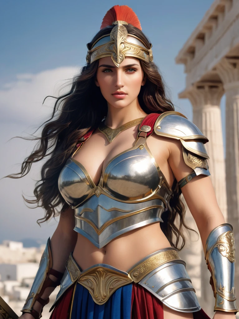 (masterpiece), (extremely intricate:1.2), (realistic), athena greek goddess (cleavage) has long back hair ((polished)) (shining) (reflective) golden armour with red velvet sash, roman armour with armour skirt, red sash, the photo taken with DSLR 55mm at f1.8 focusing on her alluring body and ethereal slight blurred bokeh illuminated surreal marbled palace amidst the clouds. fit and feminine, ((alluring, flattering, tastefully revealing skin)) bokeh lighting, silent luminescence, ultra realistic, 8k (white woman with dark hair) geek palace, athena, goddess, olympus, (medieval)