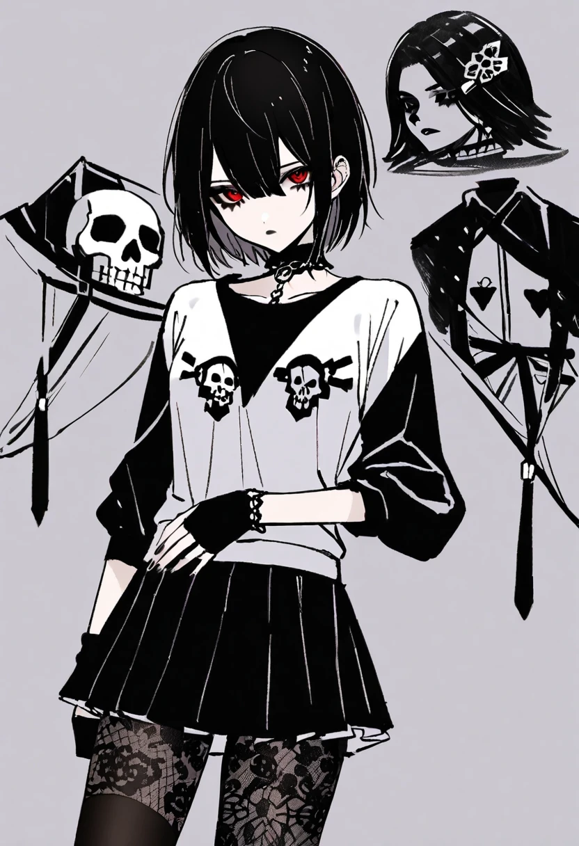     One with short hair is black   (( using aa camiseta preta com desenho da caveira)) , using a, ((  short skirt )) ,     with black lace tights     , ((     black makeup   )) ,  Sad style    ., using aa máscara sinistra.