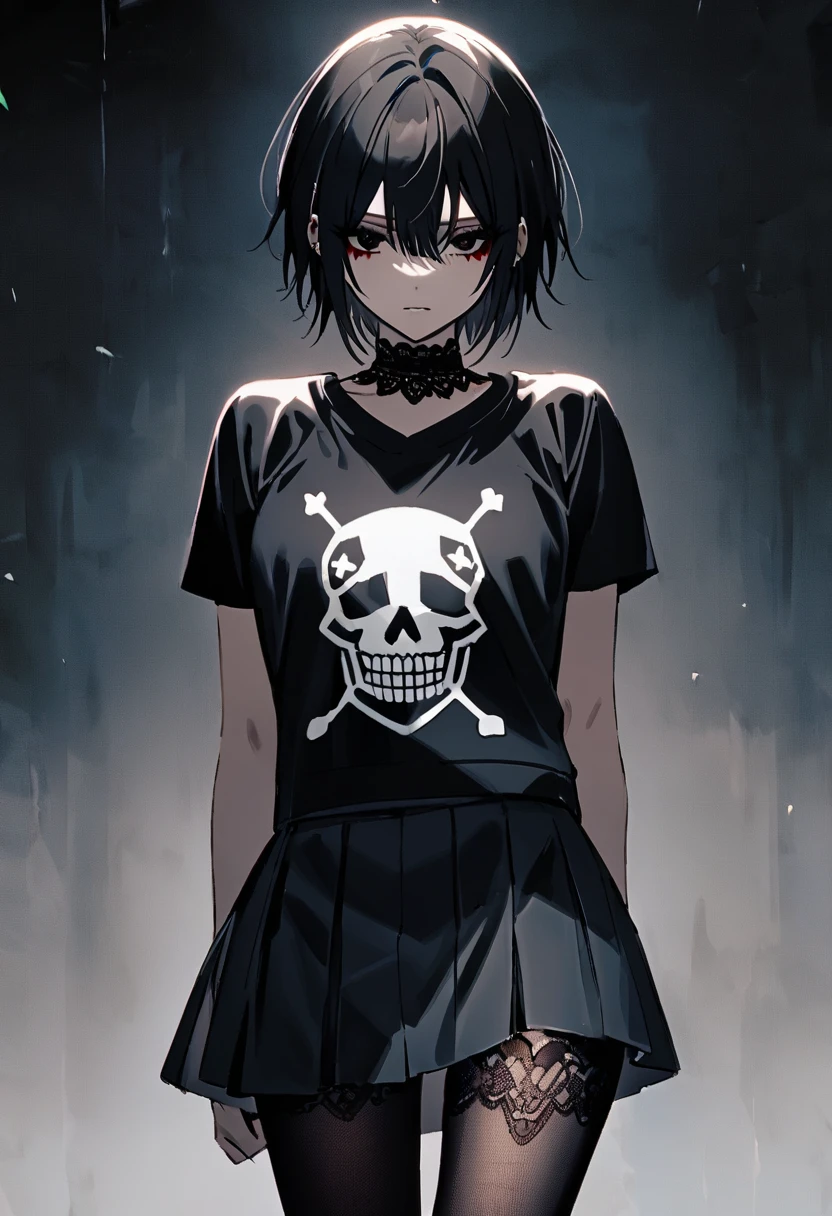     One with short hair is black   (( using aa camiseta preta com desenho da caveira)) , using a, ((  short skirt )) ,     with black lace tights     , ((     black makeup   )) ,  Sad style    ., using aa máscara sinistra.