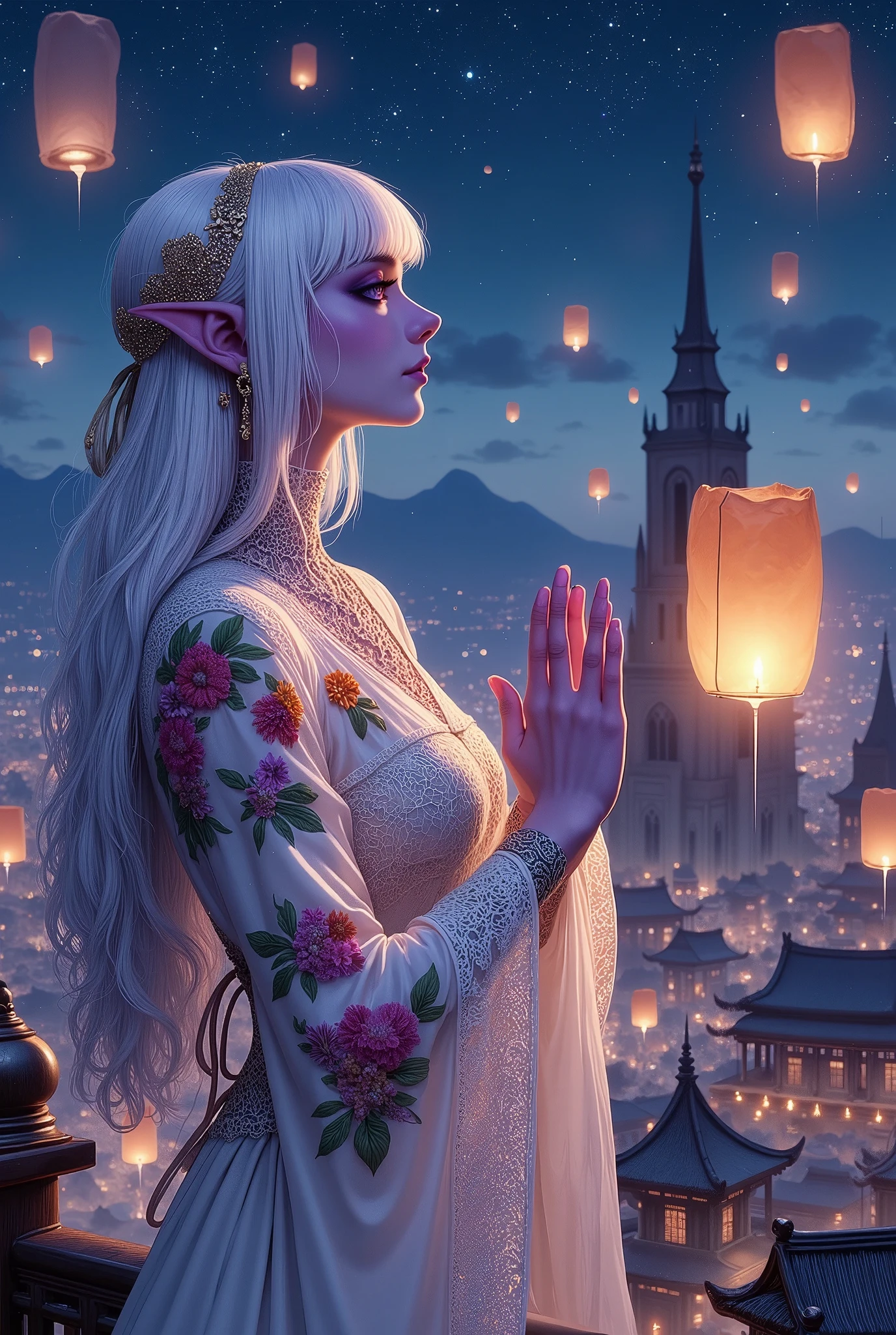 (Ultra-detailed face, Looking away, Fantasy Illustration with Gothic, Rich tone colors.), BREAK 
(Viewpoint looking up at the steeple from the edge of the roof. The night sky is cloudless with a sea of stars. On the roof of a very tall spire of a temple in the center of a medieval Asian-style religious city, a dark elf woman cleric is praying for peace, gently sending a candle-filled lantern made of paper with a floral patterned watermark into the sky with both hands.), BREAK 
(A female dark elf cleric wears a veil with a hair ornament featuring a shooting star and a white lace ribbon tie. She wears a lace-up dress of pure white transparent fabric organdie with colorful colored floral patterns woven into it, braided with layers of thin silver strings. She wears sandals of pure white woven silk tape.), BREAK 
(She has glossy pure white hair and eyebrows, blunt bangs, very long gently wavy hair that flutters in the wind, small pink lips, dark purple skin, lavender eyes, and a young aged dark elf woman cleric with thick, dark eyeliner around her eyes.), BREAK 
(This is a medieval Asian city protected by gods on all sides. A lantern festival is held on an autumn night to celebrate the harvest and mourn the deceased. Paper lanterns are released into the sky here and there around the city, creating a fantastic nighttime dung.)