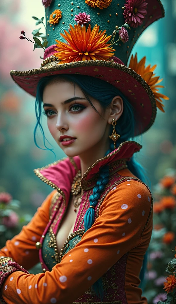 woman, modern Mad Hatter or harlequin aesthetic