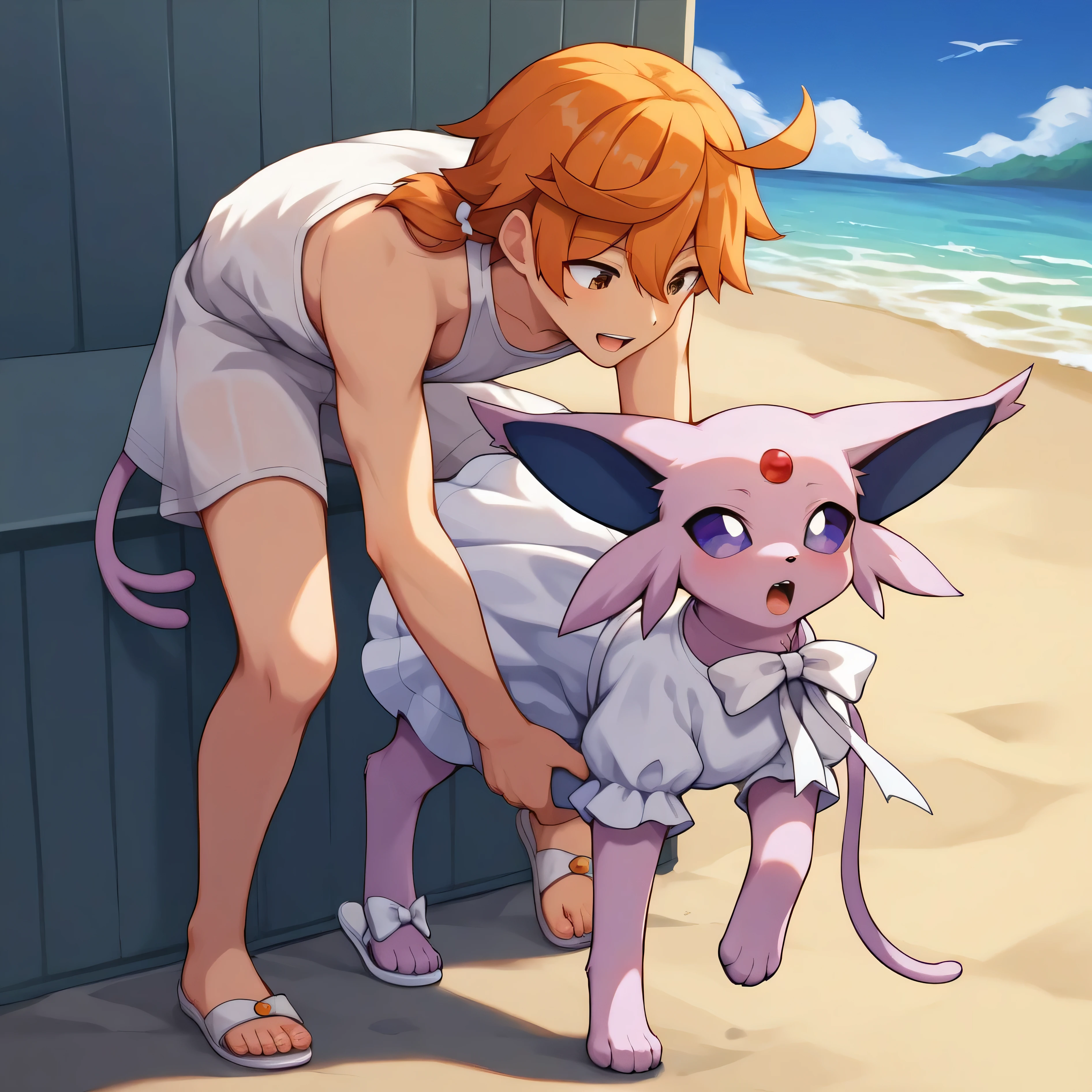 masterpiece:1.2, best quality, (highly detailed), score_9, score_8_up, score_7_up, full body shot, beach, oceanside background, 1boy, 1girl, couple, espeon, feral, pokemon, quadruped, J4SM1N3, brown hair, long hair, pigtails, brown eyes, Orange hair ornament, white dress, sundress, white bow, sandals, white footwear, feral mounting female,