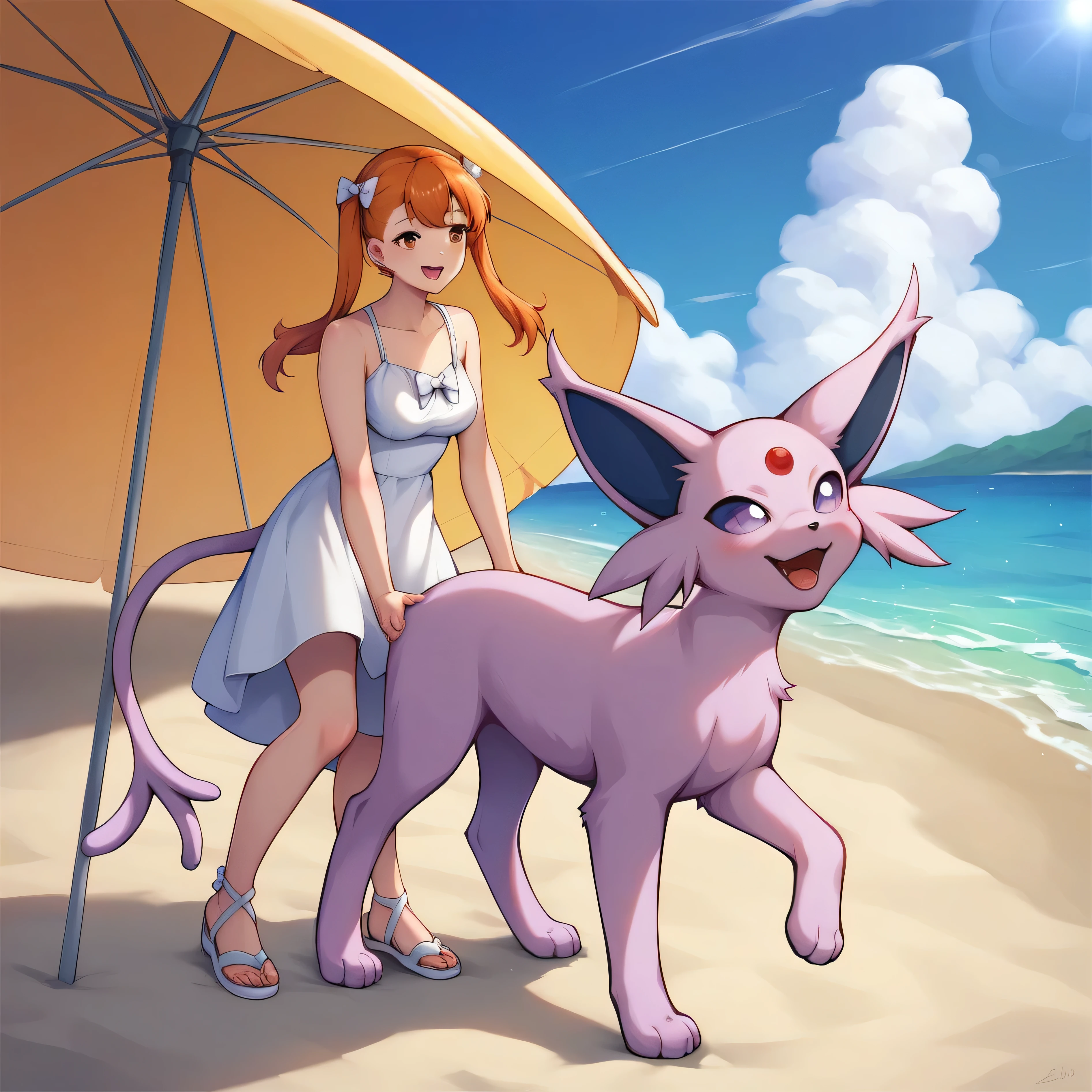 masterpiece:1.2, best quality, (highly detailed), score_9, score_8_up, score_7_up, full body shot, beach, oceanside background, 1boy, 1girl, couple, espeon, feral, pokemon, quadruped, J4SM1N3, brown hair, long hair, pigtails, brown eyes, Orange hair ornament, white dress, sundress, white bow, sandals, white footwear, feral mounting female,