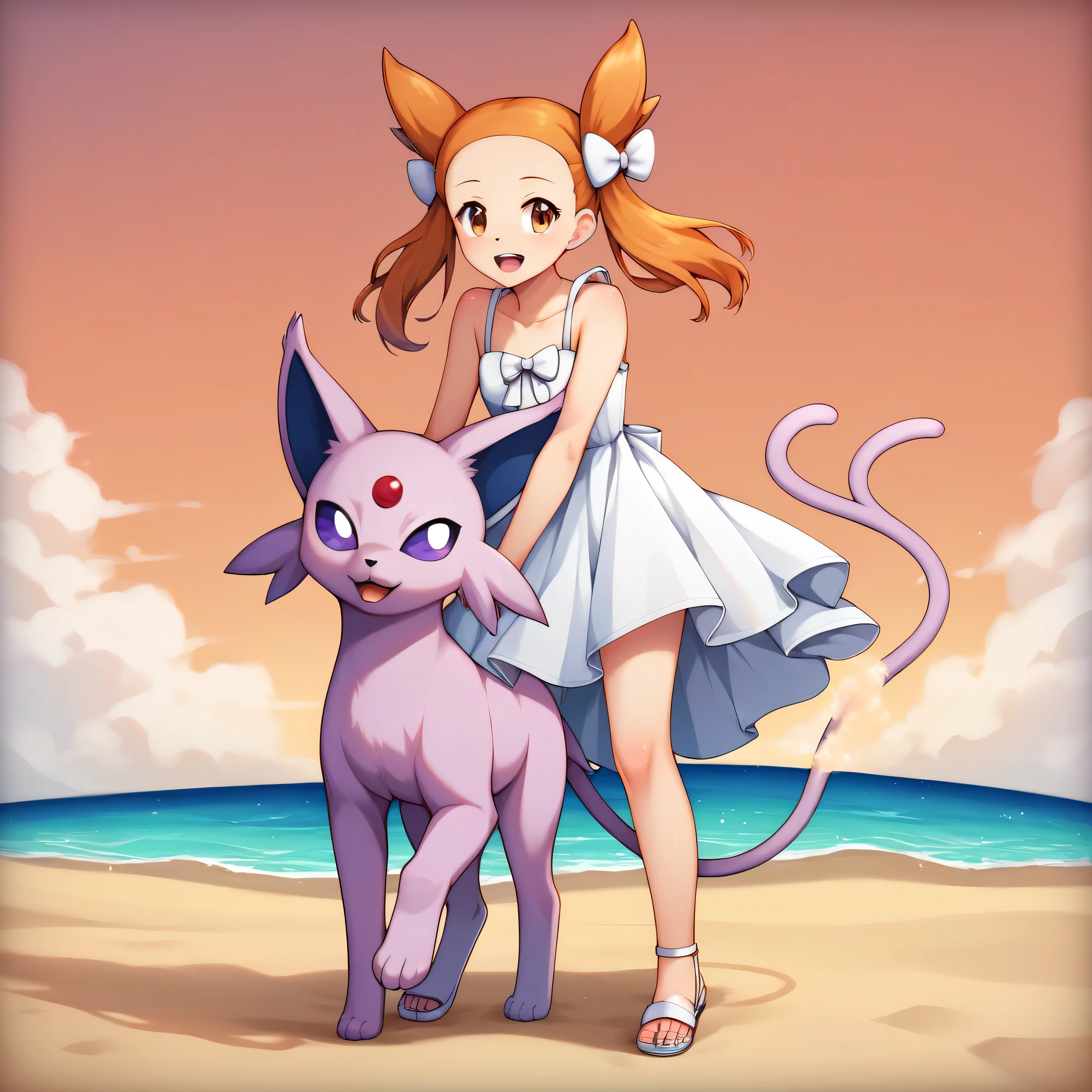 masterpiece:1.2, best quality, (highly detailed), score_9, score_8_up, score_7_up, full body shot, beach, oceanside background, 1boy, 1girl, couple, espeon, feral, pokemon, quadruped, PokeJasmine, long brown hair, pigtails, brown eyes, Orange hair ornament, white dress, sundress, white bow, sandals, white footwear, feral mounting female,