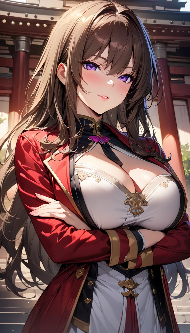 (masterpiece),(Best Quality),(Super detailed),( Best Illustration ),( Best Shadow ),( absurd),( detailed background ),( Very Pretty ),  1 girl, Alone, takamura yui, Brown Hair,  purple eyes, Long Hair,  original costume,  upper body, Seductive lips,  big breasts at the temple, seductive smile,  jacket,   arm-crossed,  is crossing his arms, 