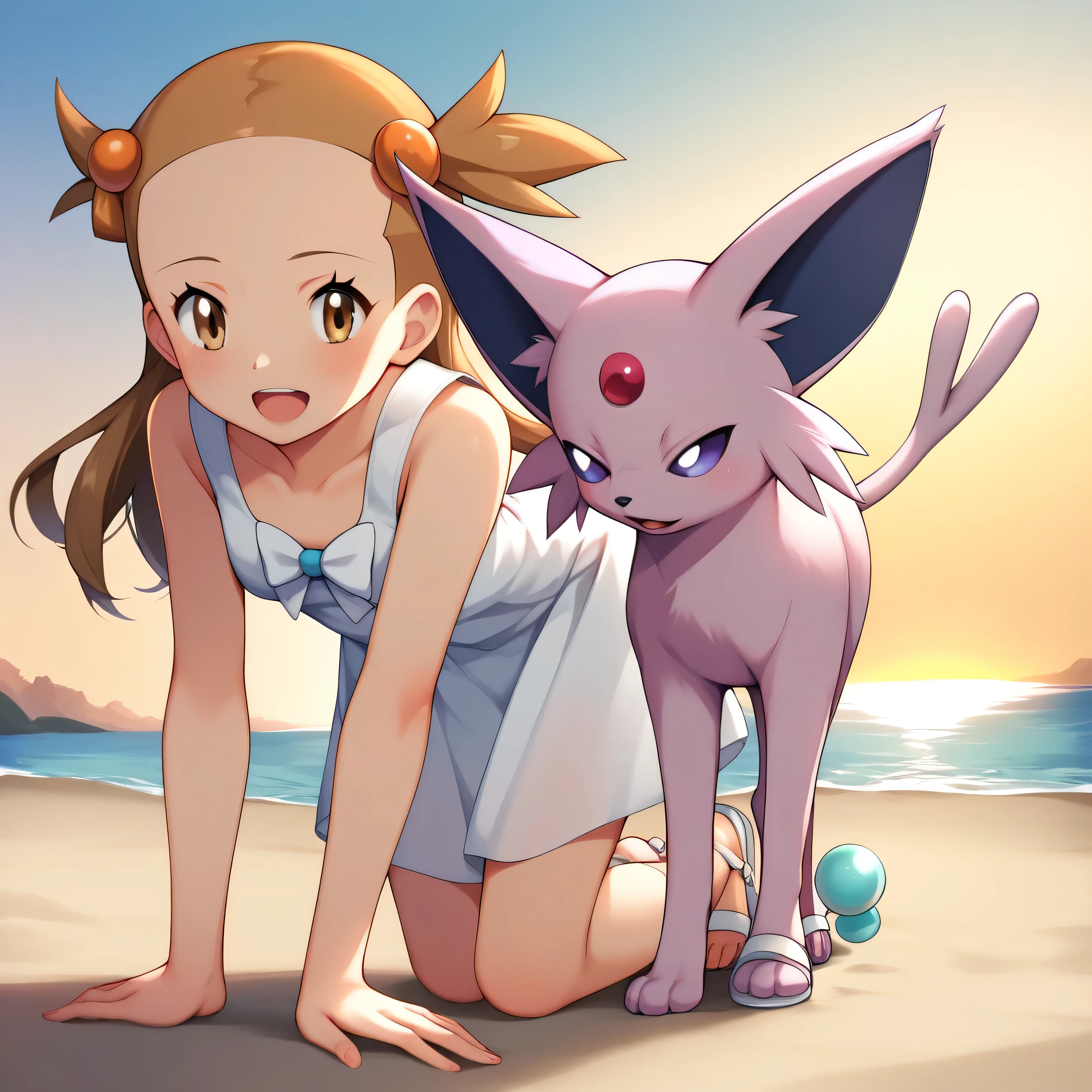 masterpiece:1.2, best quality, (highly detailed), score_9, score_8_up, score_7_up, full body shot, beach, oceanside background, 1boy, 1girl, couple, espeon, feral, pokemon, quadruped, ((PokeJasmine)), long brown hair, pigtails, brown eyes, Orange hair ornament, white dress, sundress, white bow, sandals, white footwear, on all fours, feral mounting female,