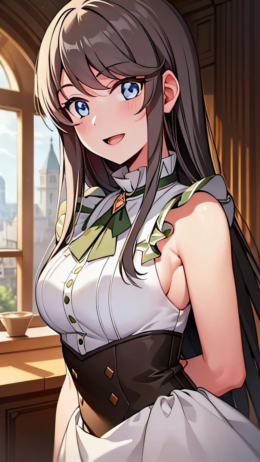 
quality, masterpiece, highly detailed, 8k, masterpiece, tilly wimbledon, sleeveless, 1girl, smile, open mouth, blush, detailed face, detailed eyes, medium breast, blue eyes, castle, (both hands behind head)