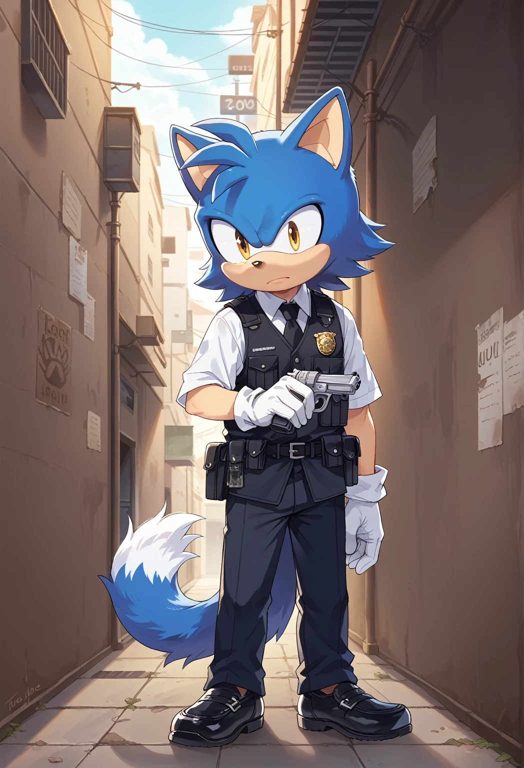 Male cat, ((Sonic character oc )), Masculine adult, (dark Navy Blue fur), ( Light White inner ears ), (Alone), ( Short fluffy hair ) , wears a police bulletproof vest and pants white gloves, white shirt, black tie, black formal shoes, yellow Eyes, Day time, ((mobian)), (Fur), Large cat Tail no fluffy, handgun Jericho 941, in pursuit through an alley, Name Zaos, defiant and authoritarian pose