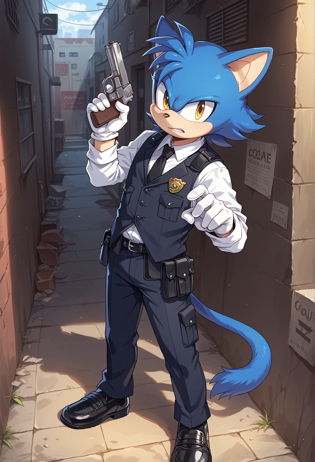 Male cat, ((Sonic character oc )), Masculine adult, (dark Navy Blue fur), ( Light White inner ears ), (Alone), ( Short fluffy hair ) , wears a police bulletproof vest and pants white gloves, white shirt, black tie, black formal shoes, yellow Eyes, Day time, ((mobian)), (Fur), Large cat Tail no fluffy, handgun Jericho 941, in pursuit through an alley, Name Zaos, defiant and authoritarian pose