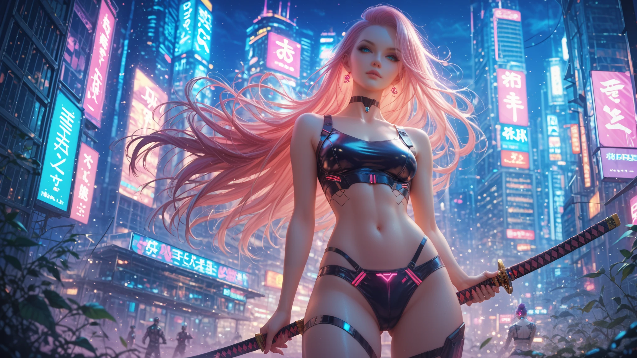 a futuristic female warrior holding a katana, (finely detailed skin), pale skin, (in a deep neckline highly detailed sexy futuristic cyberpunk black crop top and underpants made of circuit boards, japanese words with a flare effect, beautiful epic composition, futuristic, masterpiece, appealing, posing for a photo, attractive female superhero, long pink hair, leather and floral steampunk and floral outfit, rainy city setting, dusk lighting, cinematic, realistic, detailed, photograph