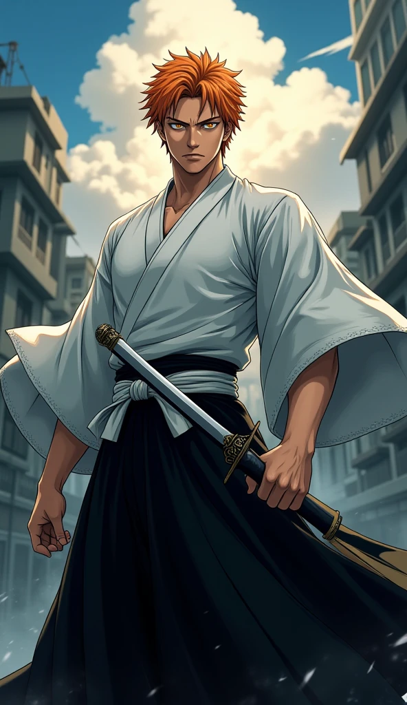 " A male anime-style character ,  inspired by Bleach's aesthetic ,  with a serious and powerful appearance . he is about 20 years old,  is tall and athletic in physique ,  with wide shoulders and a confident posture .  His face has sharp features ,  with intense and penetrating eyes of vibrant color  ( maybe gold or dark blue ),  transmitting strength and determination .  He wears a traditional shinigami uniform ,  composed of a black hakama and white haori ,  slightly battle-worn . The Long Sword (Zanpakuto)  is sheathed around his waist ,  with a detailed design handle and personalized ornaments.  Her hair is medium length , with loose layered locks , in a vibrant tone, like orange, White, the black,  fluttering slightly in the wind . In the background,  a dense urban landscape or battle scene ,  with clouds and a dramatic atmosphere ,  as he looks forward with an intense look , as if he were about to enter combat.  The artistic style is typical of the anime ,  with strong contrasts of shadow and light ,  highlighting the atmosphere dark and energetic ."
 32K, HDR, UHD, intricate detail, extremely intricate detail, hyperrealistic, extremely realistic, high quality, vivid color, extremely detailed).