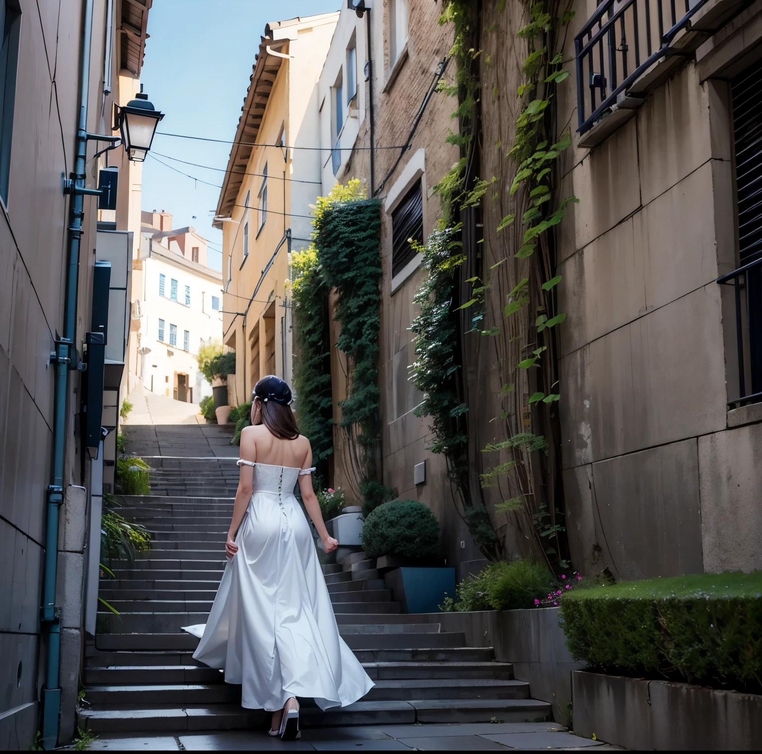 Venture into a charming Italian hamlet, where the streets are narrow and every turn reveals stone-built houses that have stood the test of time. Balconies and windows come alive with flowers of every hue, painting a vibrant tapestry against the muted tones of the stone. As you navigate this maze, a girl captures your attention. Seen from behind, her silhouette is gracefully poised, and her black hair, tied up, adds to her mystique. The scene feels like a frame from a Federico Fellini movie. Medium: Photo hyper-realism. Style: Inspired by the neorealism era of Italian cinema. Lighting: Soft diffused backlighting, highlighting the intricate details of the stone houses and the girl. Colors: A palette dominated by earthy browns and grays, contrasted by the vivid colors of the blooming flowers.