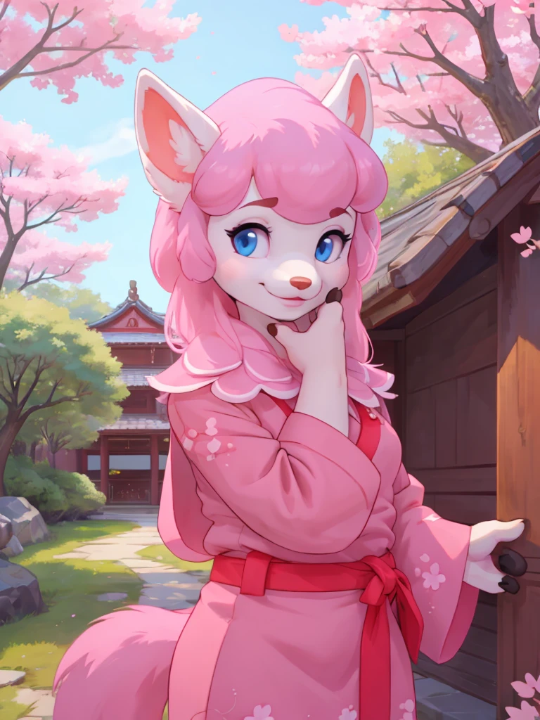 (masterpiece, best quality:1.2), (lyco:concept_hoac-13:1.0), pov, solo focus, upper body, 1girl, hand on another's cheek, smile, pink hair, blue eyes, japanese clothes, kimono, cherry blossom trees