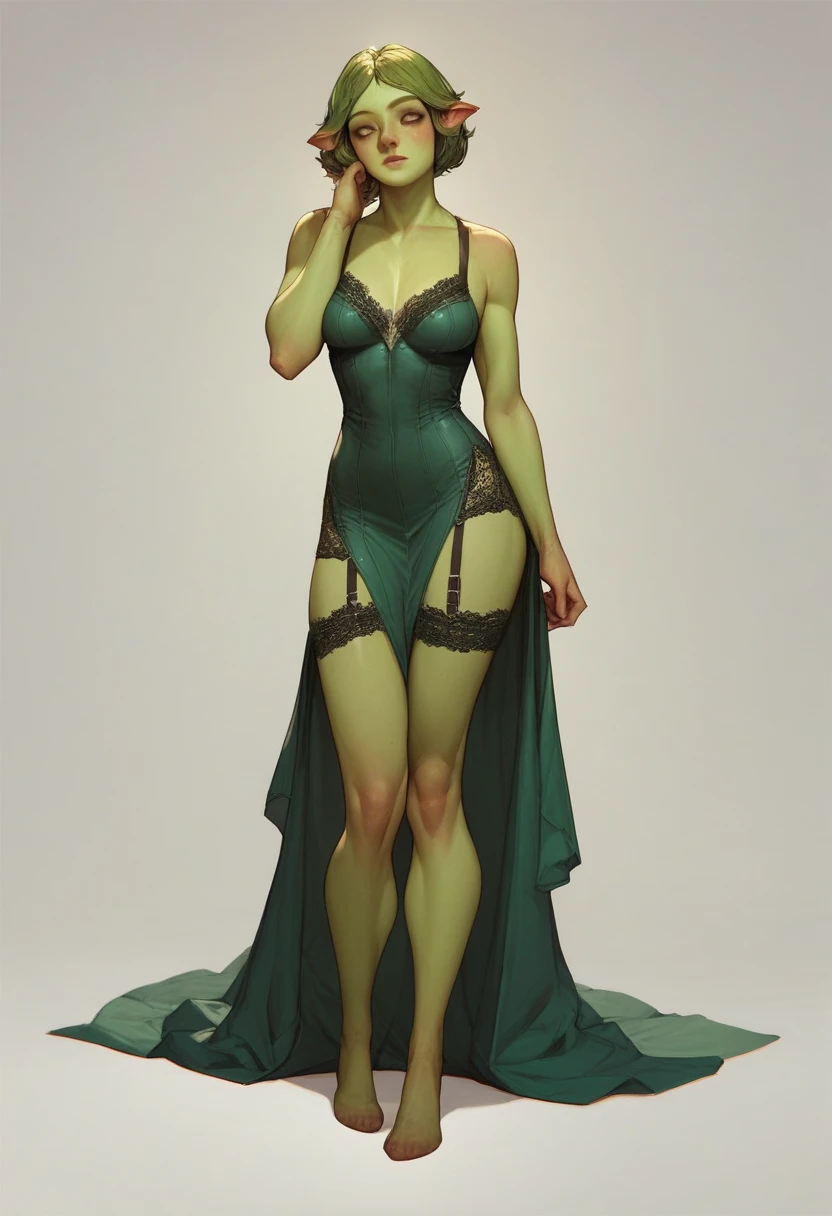 (princess fiona) green skin, with tight short dress and lace tights with straps ,pose sexy,  full body .