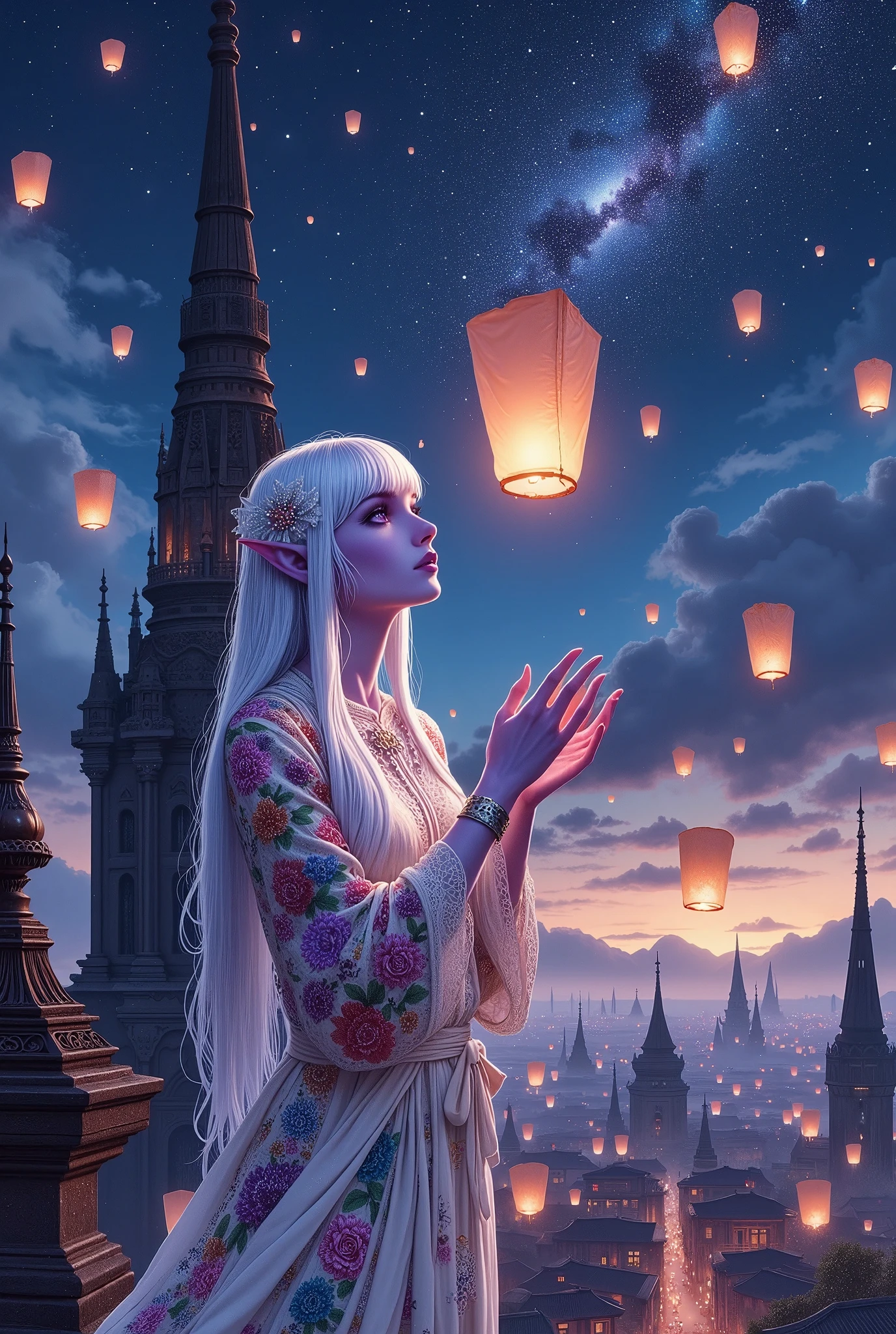 (Ultra-detailed face, Looking away, Fantasy Illustration with Gothic, Rich tone colors.), BREAK 
(Viewpoint looking up at the steeple from the edge of the roof. The night sky is cloudless with a sea of stars. On the roof of a very tall spire of a temple in the center of a medieval Asian-style religious city, a dark elf woman cleric is praying for peace, gently sending a candle-filled lantern made of paper with a floral patterned watermark into the sky with both hands.), BREAK 
(A female dark elf cleric wears a veil with a hair ornament featuring a shooting star and a white lace ribbon tie. She wears a lace-up dress of pure white transparent fabric organdie with colorful colored floral patterns woven into it, braided with layers of thin silver strings. She wears sandals of pure white woven silk tape.), BREAK 
(She has glossy pure white hair and eyebrows, blunt bangs, very long gently wavy hair that flutters in the wind, small pink lips, dark purple skin, lavender eyes, and a young aged dark elf woman cleric with thick, dark eyeliner around her eyes.), BREAK 
(This is a medieval Asian city protected by gods on all sides. A lantern festival is held on an autumn night to celebrate the harvest and mourn the deceased. Paper lanterns are released into the sky here and there around the city, creating a fantastic nighttime dung.)