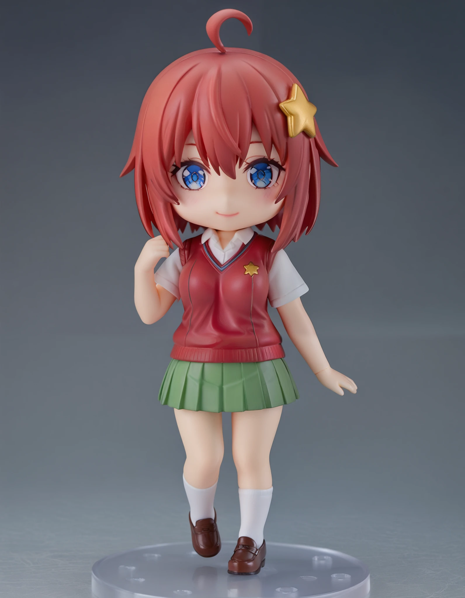 Masterpiece, hd, best quality, itsuki nakano, bangs, smile, blue eyes, hair between eyes, ahoge, red hair, star \(symbol\), hair ornament, star hair ornament, skirt, shirt, school uniform, collarbone, white shirt, short sleeves, pleated skirt, socks, collared shirt, miniskirt, kneehighs, white socks, green skirt, sweater vest, brown shoes red sweater vest, standing, pvc, nendoroid, chibi