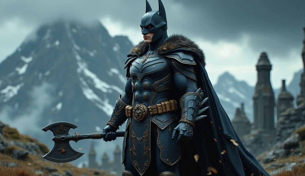 Ultra-realistic image of a Viking warrior inspired by the superhero Batman. The Viking wears a custom fusion of Viking armor with Batman's iconic elements—dark, tactical leather and metal armor with bat-like symbols, horns reimagined as bat ears on the helmet, and a cape combining fur with Batman’s sleek design. He carries a Viking axe styled like a Bat-signal, and has gauntlets and belt pouches similar to Batman's utility belt. The background is a dramatic, cinematic Nordic landscape with mist-covered mountains, dark skies, and ancient stone ruins. Wide shot, highly detailed.

