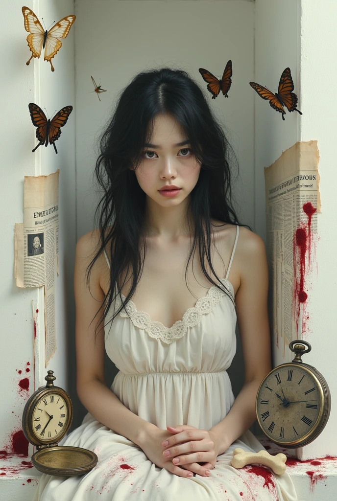 1girl,dress, solo,long hair,blood on face,blood splatter,chain,clock,roman numeral,hairband, floating hair,petals,chromatic aberration,puffy sleeves, floating,red chain, cuffs, (red chained:1.3), (red broken_chain:1.3),red MagicalCircle,red circle,,shackles, blood,handcuffs,anchor,broken,( red chain_restraint:1.4),Surrealistic imagery,dreamlike atmosphere,vibrant and contrasting colors, intricate and detailed elements, somber lighting, introspective composition,surrounding emptiness,<lora:MagicalCircle_Sora:o.6>