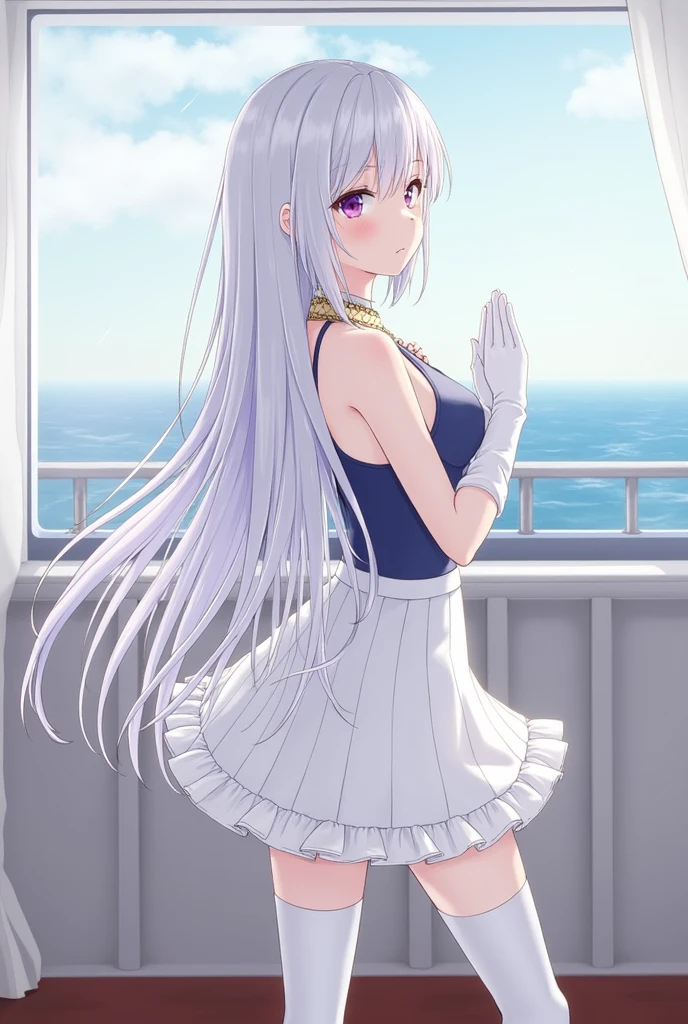 (( best quality)), ((masterpiece)), ((1 Girl)),  alone, ferry, ((Long hair)), ferryBase, ((Thigh socks)),  Bare Shoulders, ((Jewelry)), ((Sleeveless)),  white dress ,  blue dress, ((Gloves)), Thigh high, From the back.