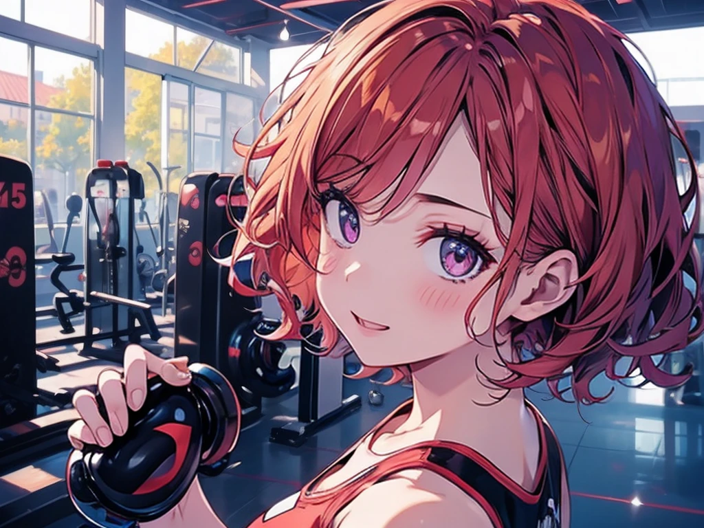 Super detailed,(masterpiece)、(Best Quality)、 1. Holds highly detailed faces  , short hair,  Red Hair, small breasts,Big Eyes,  purple  ,Gym in the morning,Gym Wear