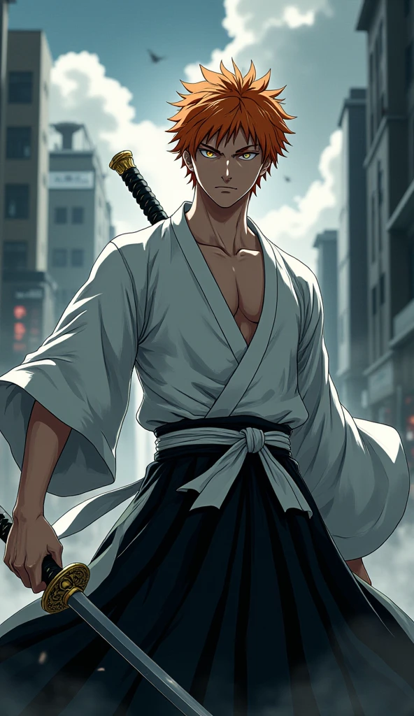 " A male character,  inspired by Bleach's aesthetic ,  with a serious and powerful appearance . he is about 20 years old,  is tall and athletic in physique ,  with wide shoulders and a confident posture .  His face has sharp features ,  with intense and penetrating eyes of vibrant color  ( maybe gold or dark blue ),  transmitting strength and determination .  He wears a traditional shinigami uniform ,  composed of a black hakama and white haori ,  slightly battle-worn . The Long Sword (Zanpakuto)  is sheathed around his waist ,  with a detailed design handle and personalized ornaments.  Her hair is medium length , with loose layered locks , in a vibrant tone, like orange, White, the black,  fluttering slightly in the wind . In the background,  a dense urban landscape or battle scene ,  with clouds and a dramatic atmosphere ,  as he looks forward with an intense look , as if he were about to enter combat.  The artistic style is typical of the anime ,  with strong contrasts of shadow and light ,  highlighting the atmosphere dark and energetic ."
 32K, HDR, UHD, intricate detail, extremely intricate detail, hyperrealistic, extremely realistic, high quality, vivid color, extremely detailed).