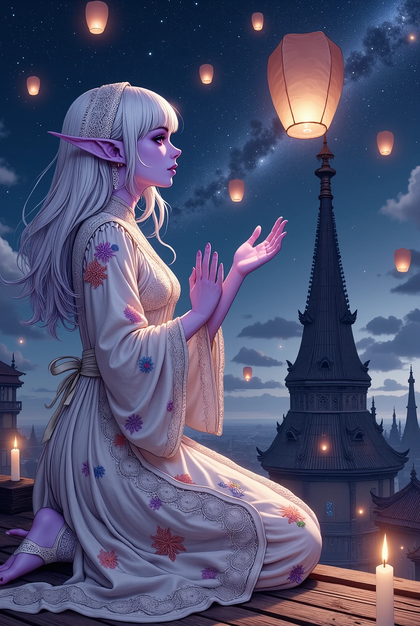 (Ultra-detailed face, Looking away, Fantasy Illustration with Gothic, Rich tone colors.), BREAK 
(Viewpoint looking up at the steeple from the edge of the roof. The night sky is cloudless with a sea of stars. On the roof of a very tall spire of a temple in the center of a medieval Asian-style religious city, a dark elf woman cleric is praying for peace, gently sending a candle-filled lantern made of paper with a floral patterned watermark into the sky with both hands.), BREAK 
(A female dark elf cleric wears a veil with a hair ornament featuring a shooting star and a white lace ribbon tie. She wears a lace-up dress of pure white transparent fabric organdie with colorful colored floral patterns woven into it, braided with layers of thin silver strings. She wears sandals of pure white woven silk tape.), BREAK 
(She has glossy pure white hair and eyebrows, blunt bangs, very long gently wavy hair that flutters in the wind, small pink lips, dark purple skin, lavender eyes, and a young aged dark elf woman cleric with thick, dark eyeliner around her eyes.), BREAK 
(This is a medieval Asian city protected by gods on all sides. A lantern festival is held on an autumn night to celebrate the harvest and mourn the deceased. Paper lanterns are released into the sky here and there around the city, creating a fantastic nighttime dung.)