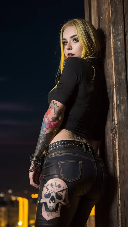  Best quality , Obra de arte, ultra high resolution ,(realism:1.4),Original photo, movie lighting,  a girl, (((Ukrainian, blonde,))) alone, metal style, At night under the moonlight, He was wearing ripped black pants, black clothes, gothic style, Hot fit body, ((( skull tattoo  )), (( colorful tattoo )), Heavy metal style,  photograph,  heavy metal concert background.  realistic, Datailed, detailed face, 4k.  abandoned urban night background .