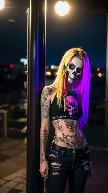  Best quality , Obra de arte, ultra high resolution ,(realism:1.4),Original photo, movie lighting,  a girl, (((Ukrainian, blonde,))) alone, metal style, At night under the moonlight, He was wearing ripped black pants, black clothes, gothic style, Hot fit body, ((( skull tattoo  )), (( colorful tattoo )), Heavy metal style,  photograph,  heavy metal concert background.  realistic, Datailed, detailed face, 4k.  abandoned urban night background .