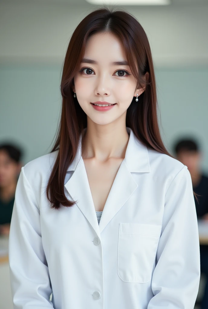 A beautiful Japanese woman wearing white lab coat, professional look, clean and polished appearance, extremely detailed skin, glasses:1.21, large breasts, moderate cleavage, small head, cute face, angelic smile, brown straight hair:1.21, bright eyebrows, blurred background, in classroom