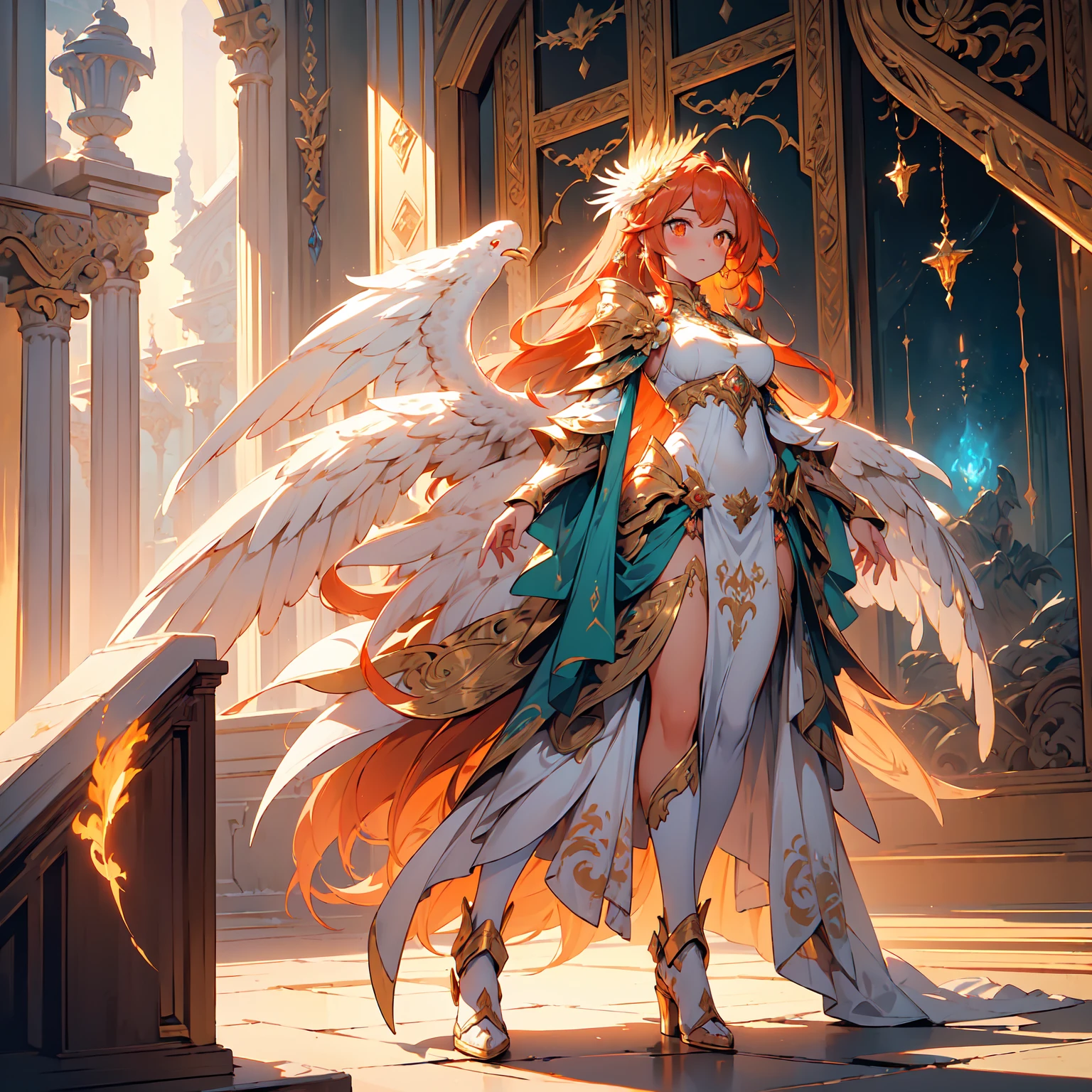 A beautiful Chinese girl standing on the water, misty reflection, a huge phoenix divine bird in the sky, magic, fantasy, dynamic posture, composed of colorful glowing flames, delicate face, delicate eyes, long black and golden hair, wearing amber and sky blue Hanfu, delicate and intricate patterns, ink painting, golden bronzing, epic composition, soft shadows, Clean sharp focus, cinematography, center composition, poster design, film photography, Panorama, 32K --v 6