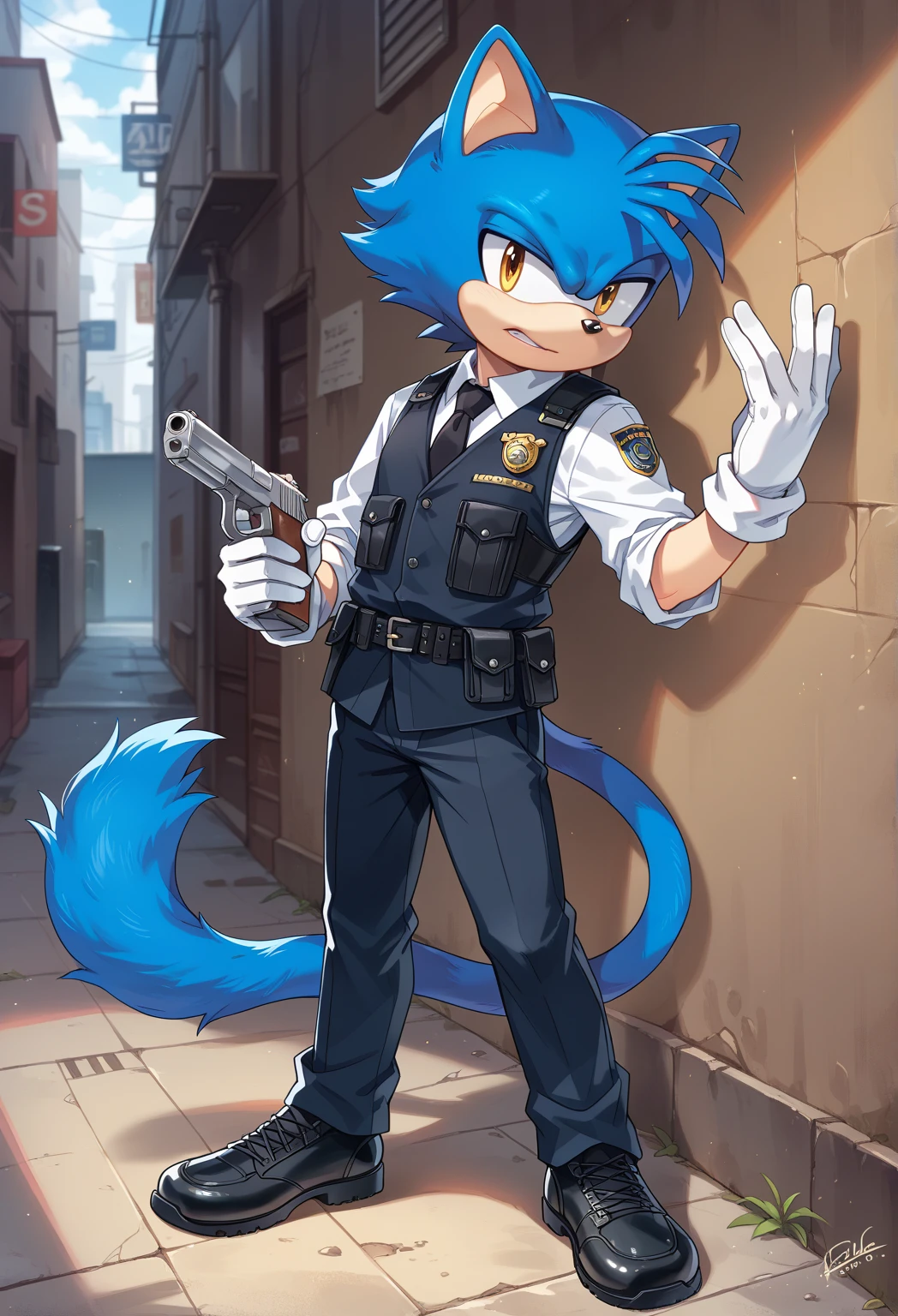 Male cat, ((Sonic character oc )), Masculine adult, (dark Navy Blue fur), ( Light White inner ears ), (Alone), ( Short fluffy hair ) , wears a police bulletproof vest and pants white gloves, white shirt, black tie, black formal shoes, yellow Eyes, Day time, ((mobian)), (Fur), Large cat Tail no fluffy, handgun Jericho 941, in pursuit through an alley, Name Zaos, defiant and authoritarian pose