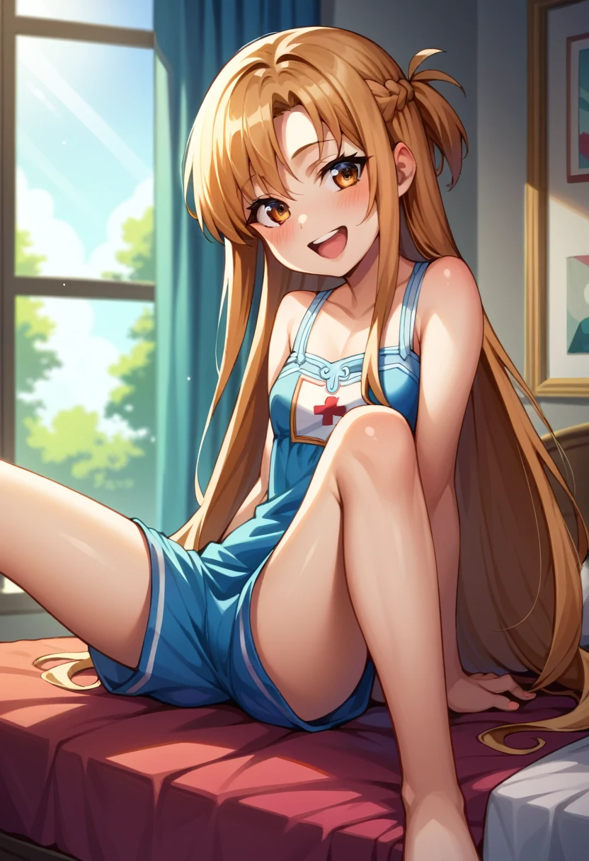 ((Best Quality)), ((masterpiece)), (be familiar with),  perfect face, indoor, bedroom,  watching viewers ,
One woman,  Asuna Yuki,
 characters with open mouth ,  ecstatic expression, blush, smile,
Small breasts,  flat chest, Young girl, Lori,  kids,  girl,
Long Hair,  long hair,
Leg spread,