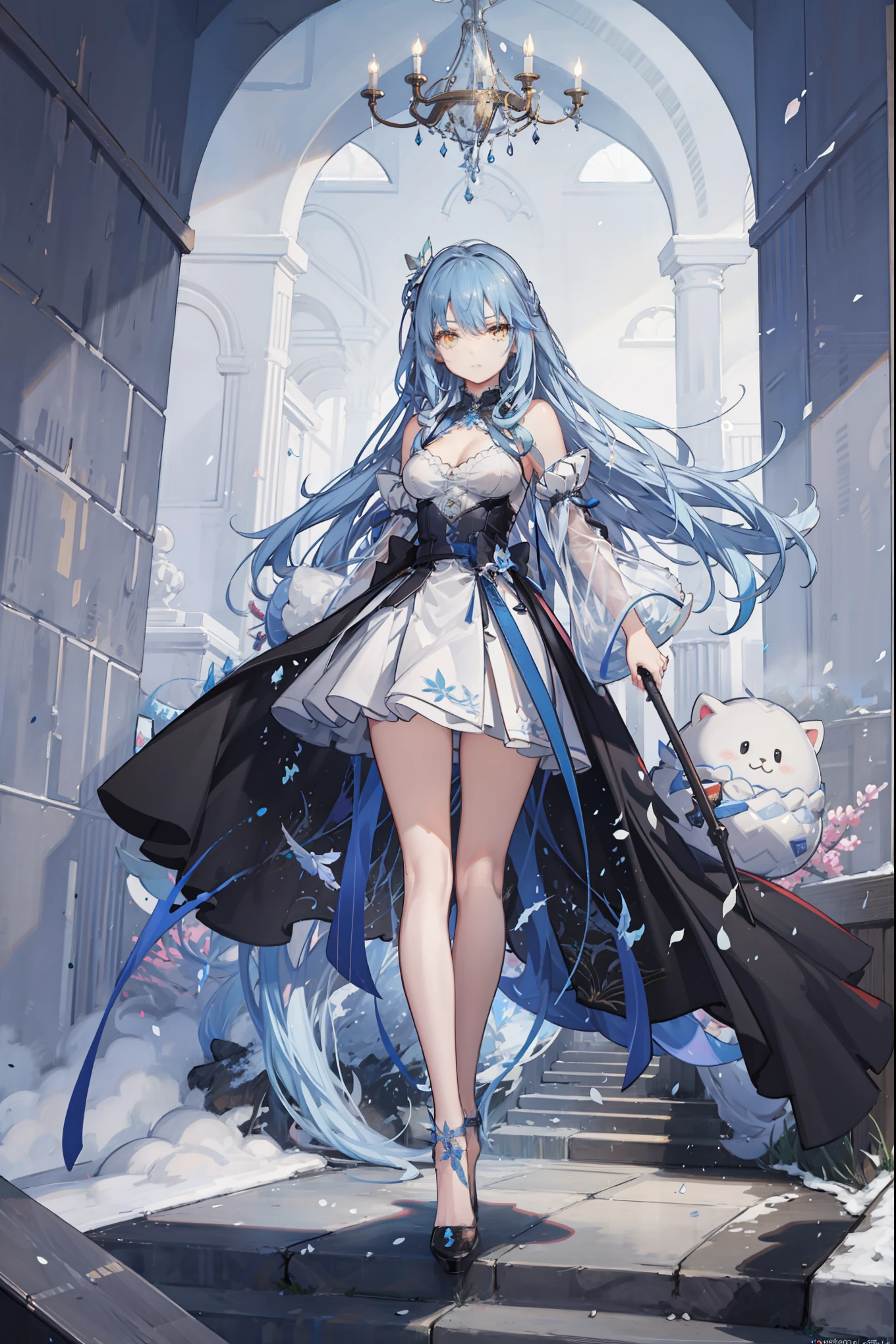 (((Best quality,  High Res,  masterpiece ,  masterpiece , Best,  High Res))).  a girl , solitary. (((My child is beautiful,  a cute girl with delicate blue hair , and anime faces))).  She's a young adult ,  has gorgeous white skin and long hair ，Small braids. She has depth, tilt. There was no expression on her face..， has a curvy figure {x} with medically correct limbs and fingers. Her skirt is white，Very short ((Long gown)), Translucent and transparent dress , With blue ivy pattern. When she is in a pose ， Her clothes fluttered in the wind when she posed .  Her background is an ice palace 