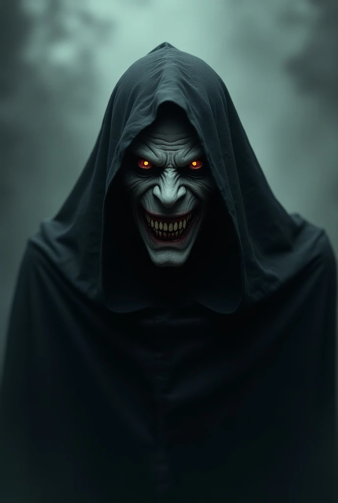 Image of a scary man&#39;s face with his body covered by a black cloak (animadas)