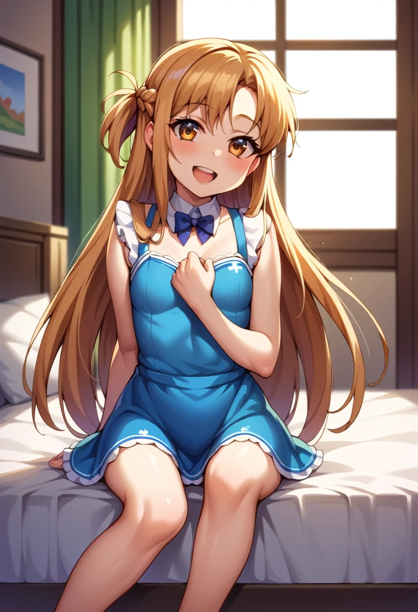 ((Best Quality)), ((masterpiece)), (be familiar with),  perfect face, indoor, bedroom,  watching viewers ,
One woman,  Asuna Yuki,
 characters with open mouth ,  ecstatic expression, blush, smile,
Small breasts,  flat chest, Young girl, Lori,  ,  girl,
Long Hair,  long hair,
Leg spread,