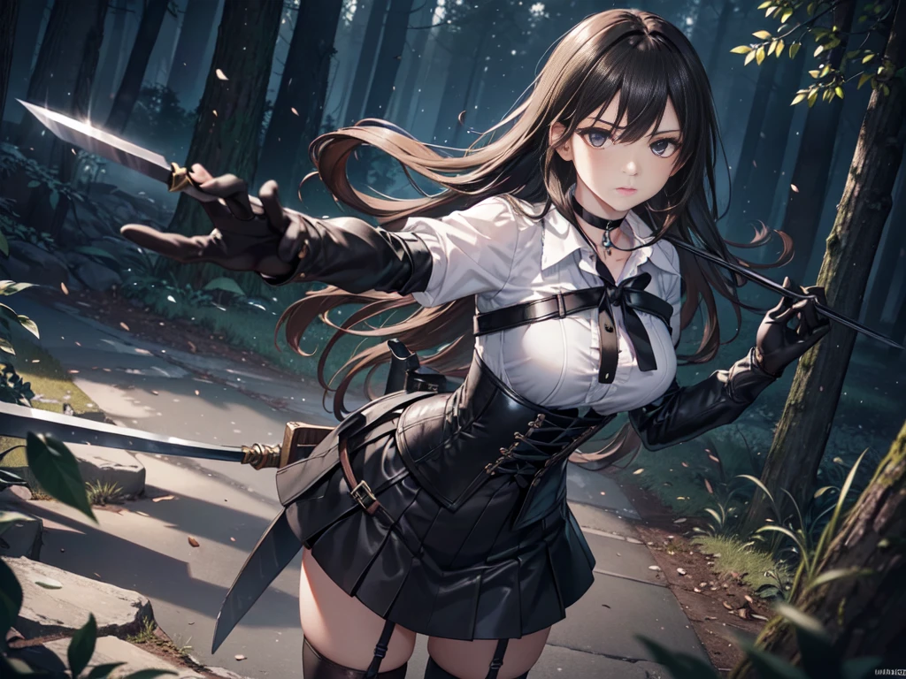 1girl, solo, village, trees, brown hair, long hair, curly hair, ponytail, large breasts, button down shirt, ninja, ((black shirt)), ((unbuttoned shirt)), ((short sleeved shirt)), blue eyes, black shorts, katana, grin, looking at the viewer, standng, hair ribbon, bandage