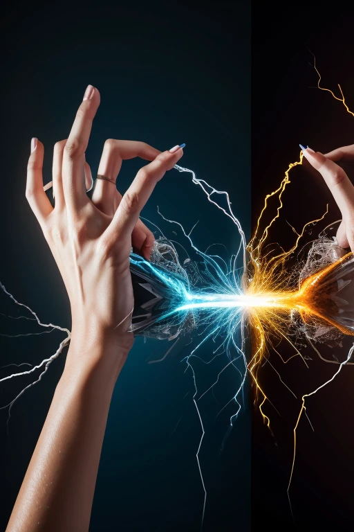 a close-up of a blonde with long hair, BIG BALL OF electrified ICE IN HANDS.