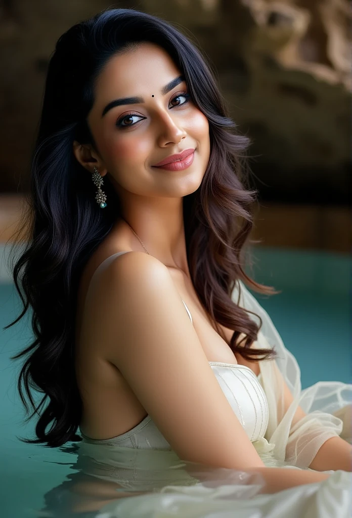 Side Portrait of A topless confident-looking indian woman with long flowing hair, hazel eyes, flowing see through saree, her hair covering her perfect c-cup breasts, sitting in pool, caves background, bokeh, perfect composition, hyperrealistic, super detailed, 8k, high quality, trending art, trending on artstation, sharp focus, studio photo, intricate details, highly detailed, art by greg rutkowski