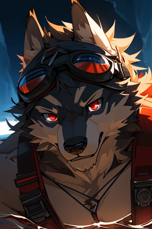 eyes, furry,  anthropomorphic wolf, Alone, white pele,  red eyes, (Realistic eye details 1.2), goggles on head, swimsuit,  underwear , , Easy masterpiece,  dramatic lighting ,  soft lighting, is,  highly detailed details 