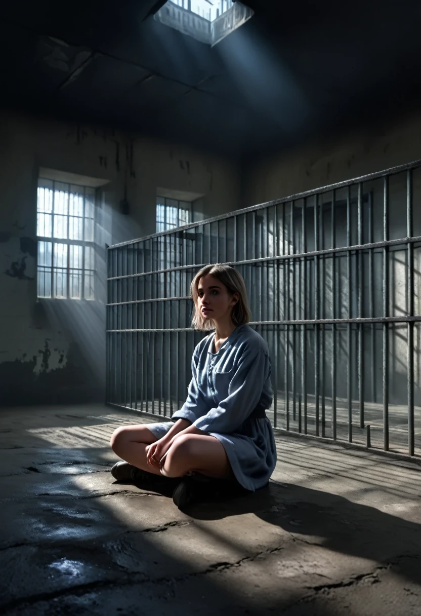 masterpiece, best quality, 8k, highres, ultra-detailed, HDR, UHD,1girl, sit down,desolate prison,
Behind bars,
confinement,
prison cell