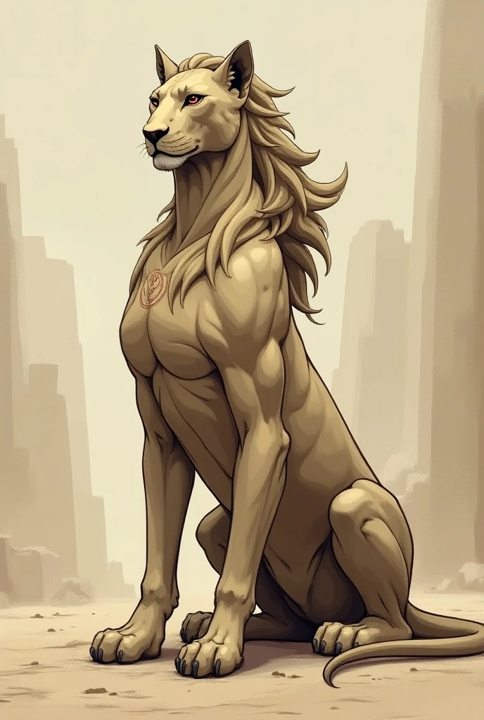 Mujer rubia, ojos verdes, cabello largo rubio, desnuda, Position with your back to half side, madura, with a lion.