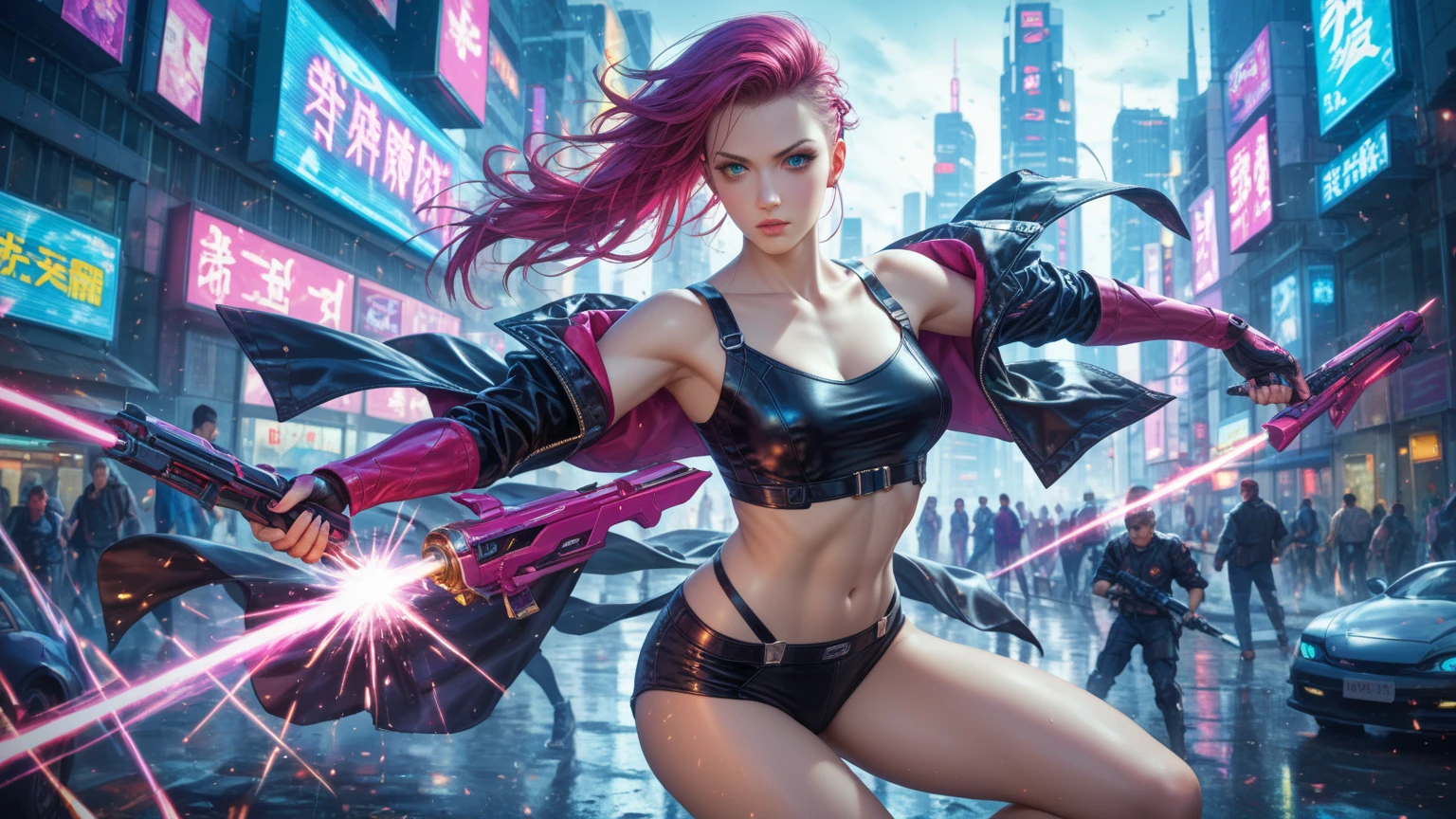 There is futuristic sreet in the middle of it stand beautiful elf female, she have green eyes, long pointy ears with lot of piercing, juicy red lips and daek purple eye shadows, her hair is bloody red , she dressed in lomg sexy dress with fur, She have cybernetic arms with sharp claws, and tatoos on her body, (ultra high quality sifi fantasy art. cyberpunk fantasy style, masterpiece, ultra highquality character design, 8k quality anime art, top quality wallpaper illustration, detailed ultra high quality acurate face, highquality design and acurate physic)