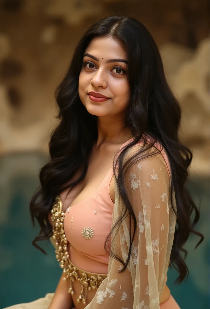 Side Portrait of A topless confident-looking indian woman with long flowing hair, hazel eyes, flowing see through saree, her hair covering her perfect c-cup breasts, sitting in pool, caves background, bokeh, perfect composition, hyperrealistic, super detailed, 8k, high quality, trending art, trending on artstation, sharp focus, studio photo, intricate details, highly detailed, art by greg rutkowski