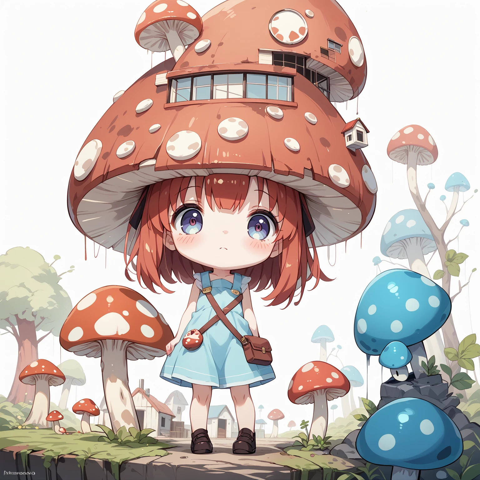 adorable creature,Semelhante a uma mistura de buldogues franceses e carros, 可爱, fofo, peludo, Felpudo, Floresta, Cogumelos, Wear a mushroom hat