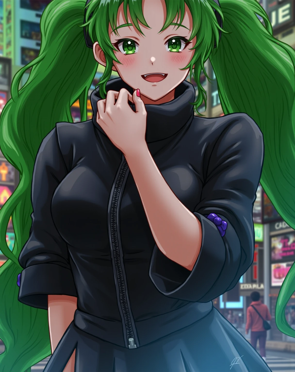 ((masterpiece)), (((best quality))), chromatic lighting,
colorized, green + white limited color palette, 
detailed concept drawing, street fashion
portrait, 20yo 1girl, in front of a clothing store, medium soft breasts, slender, green, long green hair, black eyes, smiling