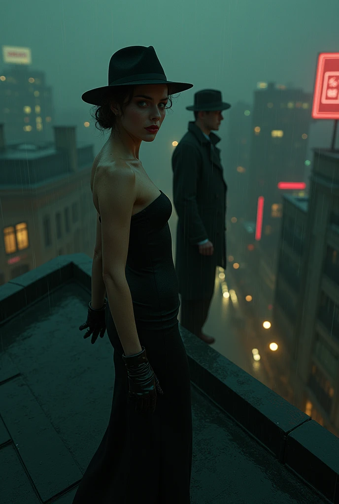 Film Noir Art Style: Aerial view of a rain-soaked 1940s cityscape at night, enveloped in deep shadows and mist. In the foreground, the femme fatale Evelyn (Physical Appearance: A striking woman in her late 20s with high cheekbones and a sharp jawline. Her pale skin contrasts starkly with her dark, piercing green eyes. Her lips are painted a deep crimson, set in a subtle smirk hinting at her dangerous allure.
Clothing: She wears a sleek, black, form-fitting dress reaching just below her knees, shimmering slightly under the dim city lights. A wide-brimmed hat is tilted elegantly, partially concealing her face in shadow, enhancing her enigmatic presence. Black high heels and tight-fitting satin gloves complete her attire.) is poised at the edge of a rooftop, ready to sprint. In the background, detective John (Physical Appearance: A rugged man in his mid-30s with a strong jawline and a five o'clock shadow. His piercing blue eyes exude unwavering determination. Weathered skin hints at a life spent on the streets.
Clothing: Dressed in a dark, double-breasted trench coat reaching his knees, flaring slightly as he moves. A classic black fedora with a tilted brim casts a shadow over his eyes. Worn leather gloves and polished, albeit scuffed, shoes complete his ensemble.) emerges from a doorway, eyes fixed on Evelyn. The city’s neon lights reflect off the wet rooftops, creating stark contrasts between light and shadow.