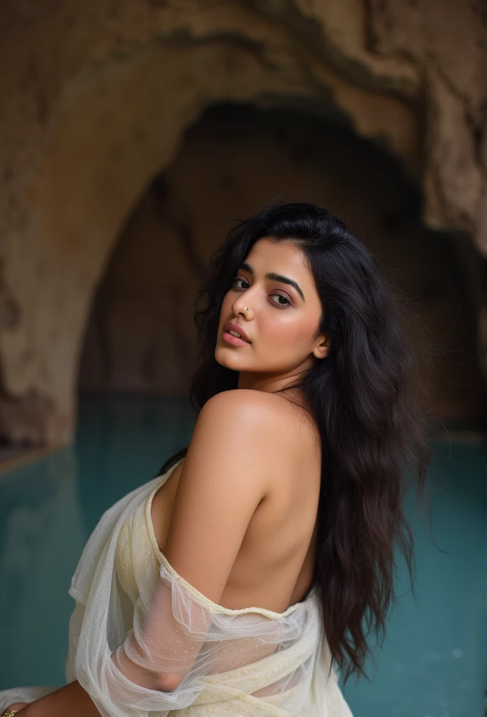 Side Portrait of A topless confident-looking indian woman with long flowing hair, hazel eyes, flowing see through saree, her hair covering her perfect c-cup breasts, sitting in pool, caves background, bokeh, perfect composition, hyperrealistic, super detailed, 8k, high quality, trending art, trending on artstation, sharp focus, studio photo, intricate details, highly detailed, art by greg rutkowski