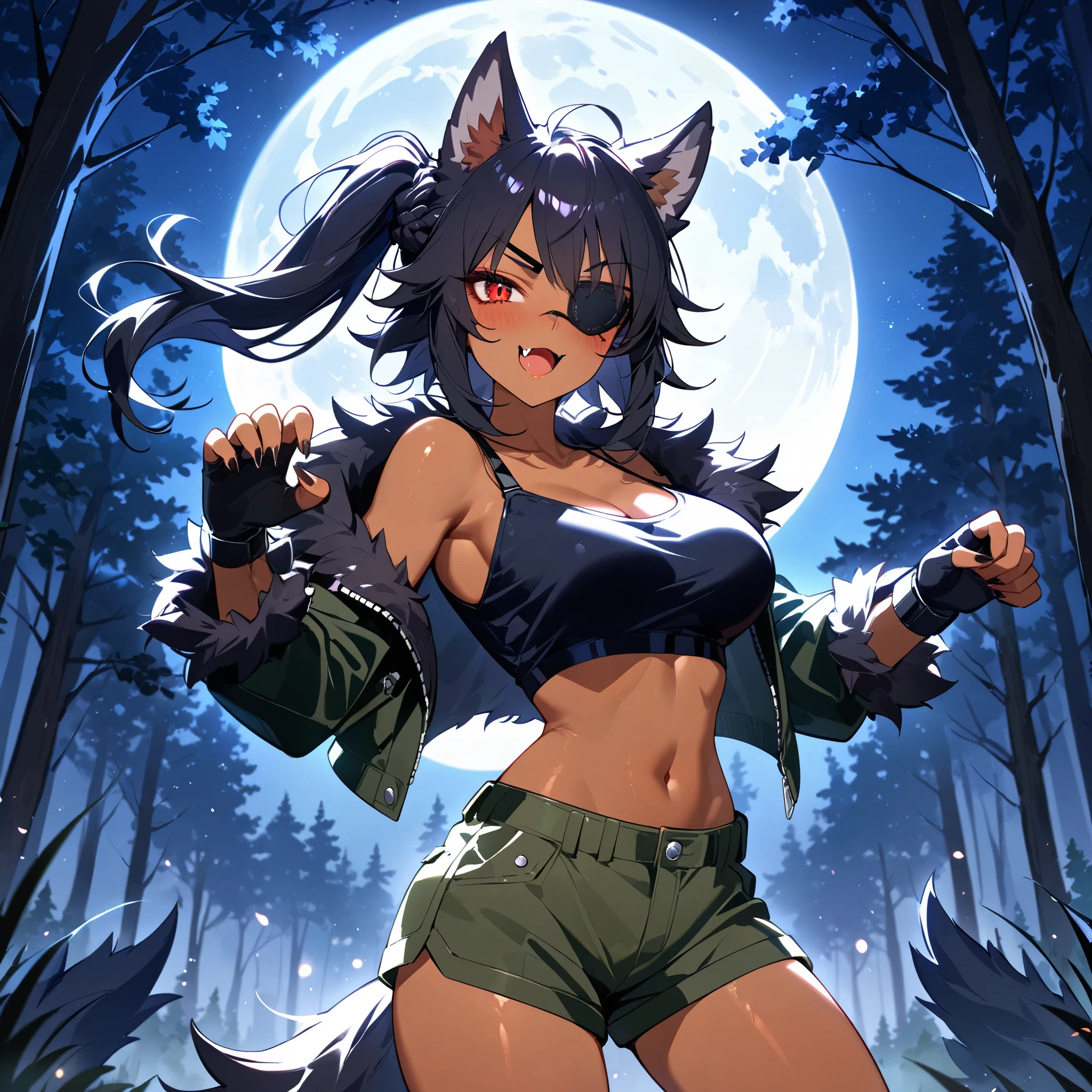 (wolf motif furry woman:1.2), (eyepatch:1.3), natural makeup, dark skin, blush, head tilt, half closed eyes, sharp eyes, fang, Beautiful mature furry woman, solo, red eyes, jet black hair, asymmetry bangs, short hair, shaggy hair, (side ponytail hair, braid:1.2), crop top, fur trimmed midriff jacket, cargo shorts, fingerless gloves, cowboy shot, fog, forest, midnight, night, fullmoon, outdoors, jumping, paw attacking pose, masterpiece, best quality, score_9, score_8, score_7 ultra detailed, intricate detailed, highly detailed skin