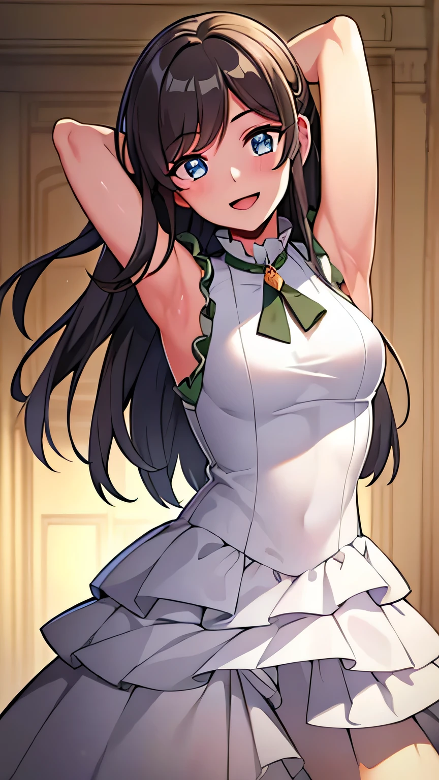 
quality, masterpiece, highly detailed, 8k, masterpiece, tilly wimbledon, sleeveless, 1girl, smile, open mouth, blush, detailed face, detailed eyes, medium breast, blue eyes, castle, (both hands behind head), armpit